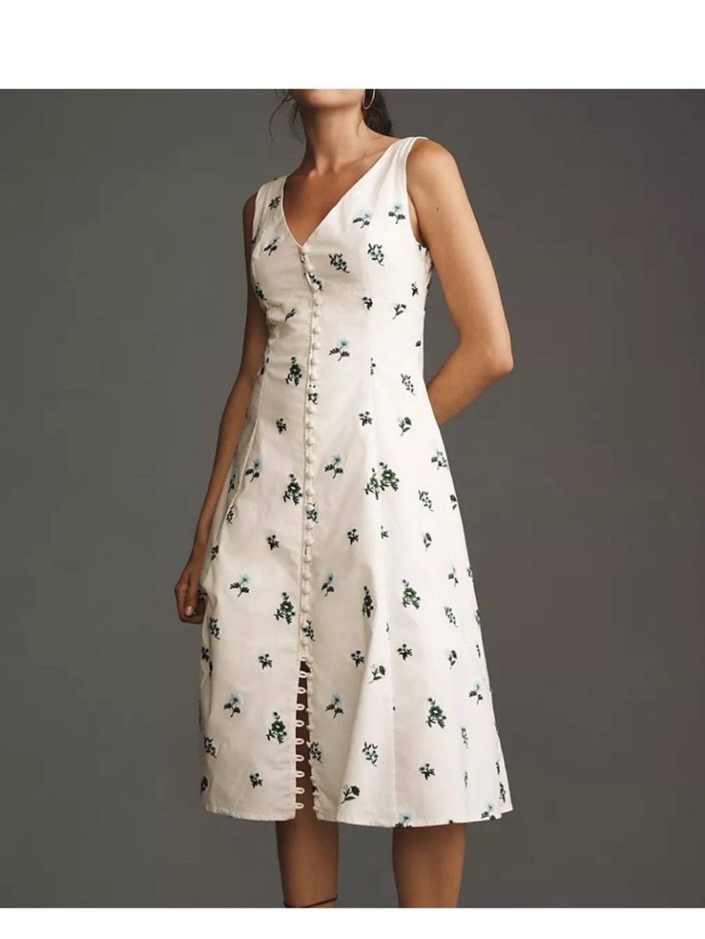 Anthropologie Cream Floral Button-Front Midi Dress